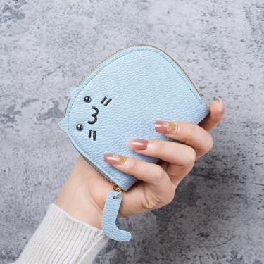 Imagem de Elegante bolsa de moedas com tema de gato | Padrão de lichia elegante com porta-cartão de poliuretano | Perfeita como carteira de gato ou bolsa de moedas, Azul