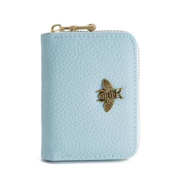 Imagem de Carteira feminina pequena RFID, porta-cartões de crédito, carteira sanfonada com zíper, Azul, Tendência