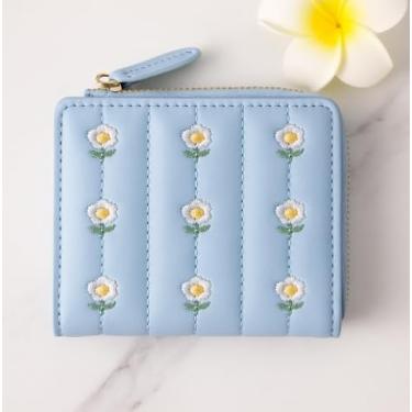 Imagem de Carteira feminina pequena com bloqueio de RFID, porta-cartões de couro PU, adequada para mulheres, carteira de dinheiro e moeda de flor, carteira ultra fina e curta, Azul, Carteira pequena