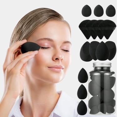 Imagem de Conjunto de 14 esponjas de maquiagem, mini esponja de maquiagem, liquidificador de esponja de beleza, esponja triangular com mistura de base, esponja de maquiagem macia para rosto (preto)