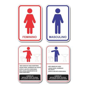 Imagem de 4 Placas De Sinalização Banheiro Feminino Masculino Regras Kit