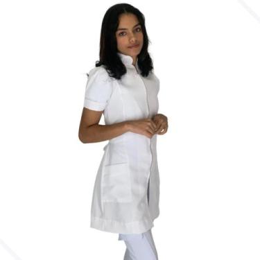 Imagem de Jaleco Feminino Manga Curta Oxford Acinturado Gola Padre Com Zíper Dou