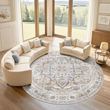 Imagem de Tapete redondo para sala de estar: 20 x 20 cm lavável boho neutro círculo grande macio interior envelhecido resistente a manchas tapete de casa de fazenda para quarto berçário crianças sala de jogos