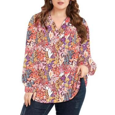 Imagem de Blusa feminina Eytino plus size, lanterna, decote em V, boho 5X, multi