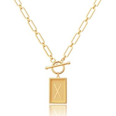 Imagem de Robaice Colar feminino banhado a ouro 14K, pingente de alfabeto personalizado com gravação inspiradora, corrente de clipe de papel, joia que não mancha, presente para ela, 18'' + 2'' extender, Metal