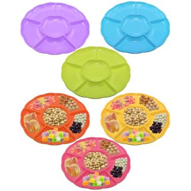 Imagem de Bandejas redondas de plástico de 30,5 cm com 6 compartimentos, 6 pratos secionais para servir pratos de alimentos para doces, nozes, vegetais, frutas, ação de graças (6, vermelho rosa, amarelo