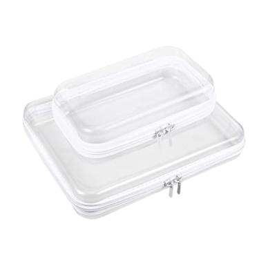 Imagem de 2 peças de estojo rígido transparente com zíper, bolsas portáteis com zíper, capa rígida, caixa de armazenamento de plástico transparente à prova d'água com zíperes duplos para cosméticos, papelaria