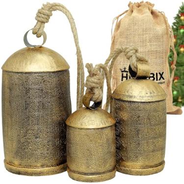 Imagem de HIGHBIX Conjunto de 3 sinos com gravura floral chique gasto, extra grande, feitos à mão, para decoração de casa de fazenda, detalhes de jardim e decorações de Natal