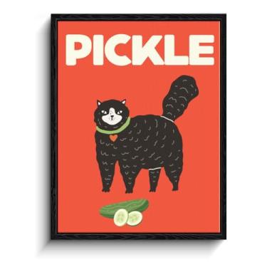 Imagem de Arte de parede de gato preto, desenho animado gato preto com picles, decoração de parede caprichosa, impressão em tela emoldurada pronta para pendurar, pôster para amantes de gatos, presente para