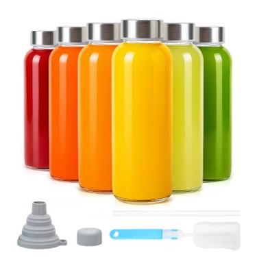 Imagem de Sursip [Pacote com 6] Garrafas de vidro de 293 ml com tampas e canudo de aço inoxidável – Garrafas de água de vidro pequenas reutilizáveis para sucos, vitaminas, leite – à prova de vazamento, livre de