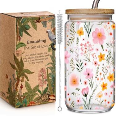 Imagem de Copos de vidro gelado florais de 473 ml com tampas de bambu e canudos de flores silvestres presente para mulheres copo de flor fofa com escovas de limpeza, presentes de flores para mãe, aniversário