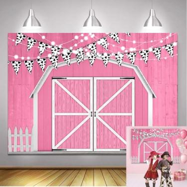 Imagem de Pano de fundo rosa para porta de celeiro 2,1 x 1,5 m fundo rústico de madeira para fotografia de casa de celeiro cena de campo tema de fazenda vaqueira ocidental decoração de festa bolo banner