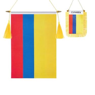 Imagem de Pacote com 2 bandeiras de parede da Colômbia, mini bandeira colombiana pendurada na janela do carro, acabamento acetinado, tecido resistente, bandeiras patrióticas para decoração de espelho retrovisor