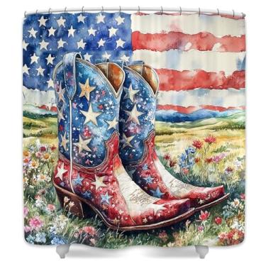 Imagem de DYNH Cortina de chuveiro com botas de caubói, flores do oeste selvagem, cortina de banheira com bandeira americana para meninas, crianças e mulheres, botas retrô com bandeira dos Estados Unidos