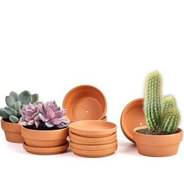 Imagem de Vaso pequeno de terracota raso para suculentas - 6 peças de vasos de argila com orifício de drenagem e pires, vasos de cerâmica para plantas rasas de 12 cm para cactos, suculentas e outras plantas