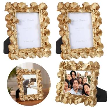 Imagem de OMISTAR 3 molduras douradas, molduras vintage de folha de ginkgo de 8 x 12 cm, molduras de exibição de resina antiga com suporte de cavalete, porta-fotos decorativas para mesa, casa, casamento