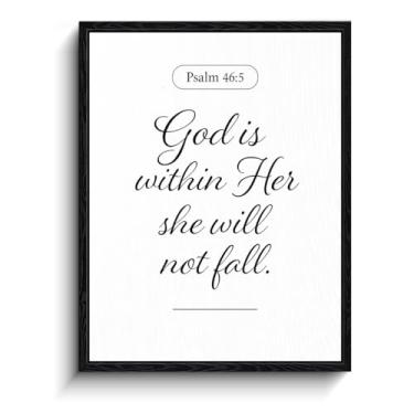 Imagem de Psalm 46:5 God is within her she will not fall, decoração de parede cristã de caligrafia minimalista, arte de parede emoldurada fosca para casa, presente de batismo, 20 x 25 cm