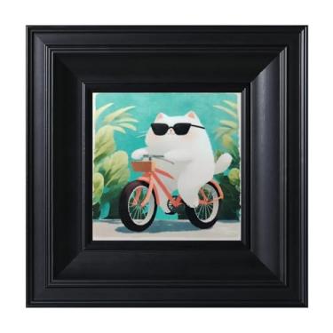 Imagem de CCPEAR Arte engraçada de parede de gato emoldurado preto, peculiar animal branco montando bicicleta arte fofa para banheiro, sala de estar, quarto, decoração de casa pequena moderna imagem estética