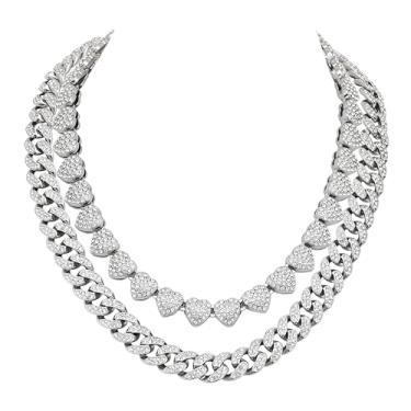 Imagem de Ten Miro Conjunto de colares de tênis de prata para mulheres e homens, corrente de tênis de diamante quadrado agrupado e coração de strass, colar de diamante em camadas para homens e mulheres, joias