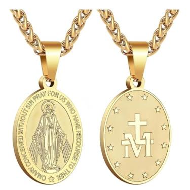 Imagem de TBAKPU Colar de Virgem Maria para meninos - Pingente de Medalha Milagrosa de Aço Inoxidável - Pingente de Joia Católica Mãe de Deus (dourado)