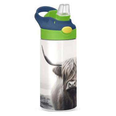 Imagem de Blueangle Garrafa de água de vaca Highland engraçada de aço inoxidável isolada de 350 ml com tampa de canudo - Garrafa esportiva reutilizável à prova de vazamento para viagens, ao ar livre #415