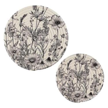 Imagem de Blueangle 2 peças de suporte de panela de trivet de flores pretas e brancas - conjunto de pegadores de panela de tecido redondo - almofadas quentes trançadas de algodão - porta-copos - tapetes de mesa