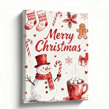 Imagem de Decoração de parede de Natal, Feliz Natal, boneco de neve e bengalas de doces, arte de cozinha vermelha para sala de jantar, café, bar, entrada, pronto para pendurar, 20 x 25 cm