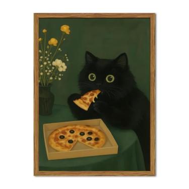 Imagem de Arte engraçada de parede de gato preto peculiar gato preto comendo pizza decoração de parede animal fofo verde escuro cozinha impressão em tela para quarto sala de jantar 40,6 x 61 cm moldura de