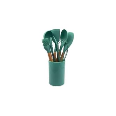 Imagem de Conjunto de Utensílios de Silicone com Cabo de Madeira, 8 Peças, Verde Escuro, Inclui Concha, Colher, Espátulas, Pegador, Fuê, Pincel e Copo Suporte