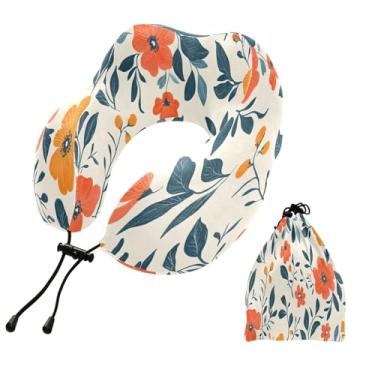 Imagem de CEBUGI Travesseiros de viagem portáteis em forma de U, travesseiro de pescoço de espuma viscoelástica com trava de corda ajustável para avião, viagem, trem, negócios, escritório, soneca (floral)