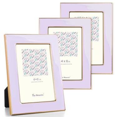 Imagem de Fun Memories Porta-retrato 10 x 15 cm – 3 peças de moldura de vidro esmaltado roxo com borda de metal dourado e cavalete para exibição em bancadas, mesas, estantes, mesas e paredes (roxo/dourado)