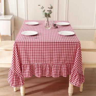 Imagem de K MASANIJI Toalha de mesa xadrez vermelha e branca com babados para mesa retangular de 6 a 8 lugares, toalha de mesa decorativa vintage 100% algodão lavado, xadrez, vintage, 259 x 152 cm