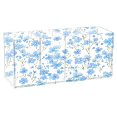 Imagem de CEBUGI Porta-canetas de acrílico com 4 compartimentos, organizador de lápis transparente, porta-pincéis de maquiagem com flor azul pequena para armazenamento em casa e escritório