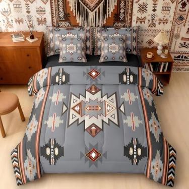 Imagem de Erosebridal Conjunto de edredom Queen Western Bed in a Bag, 7 peças, boêmio, geométrico, boêmio, asteca, decoração de quarto, tribo étnica, cinza