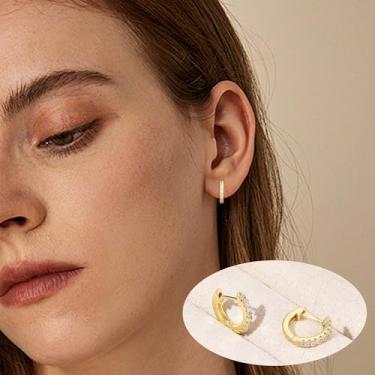 Imagem de Brincos de argola de ouro 14K para mulheres, pequenos brincos de argola de ouro leve para mulheres com zircônia cúbica redonda, brincos de argola de ouro, presentes para mulheres, standard, Latão, Sem