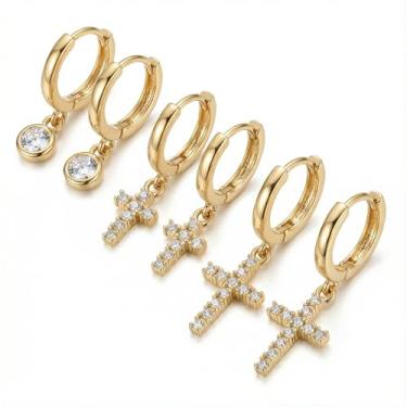 Imagem de NEOTIGER Elegante conjunto de brincos de argola de ouro 6 peças, 3 estilos, cruz pequena/grande e brincos com pingente de zircônia cúbica para mulheres, hipoalergênicos e delicados, joias minimalistas