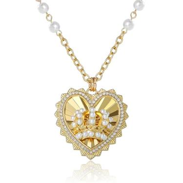 Imagem de Juicy Couture Colar de coração com logotipo e coroa para mulheres, 51 cm + 5 cm dourado com pingente de coração com mini cristais e pérolas falsas