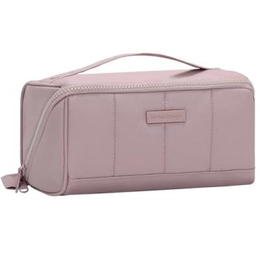 Imagem de NISHEL Bolsa de maquiagem de viagem para mulheres, organizador de cosméticos plano aberto macio e leve com várias divisórias funcionais para armazenamento independente de pincel, alça para facilitar a