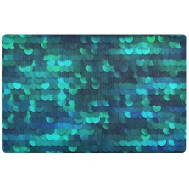 Imagem de TSENQUE Tapete Sereia Lantejoulas Turquesa Outono Bonito Decoração de Porta da Frente Tapete Exterior Tapete Lavável para Entrada Interior da Casa, 81 cm x 50 cm