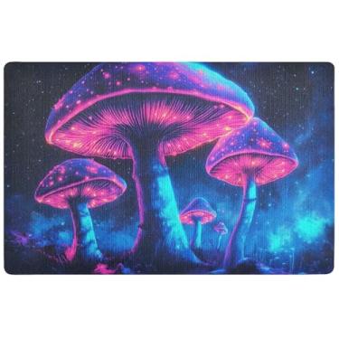 Imagem de TSENQUE Tapete de porta engraçado com cogumelos neon personalizados para porta da frente tapete de banho absorvente de água antiderrapante tapete de varanda frontal 81 x 50 cm