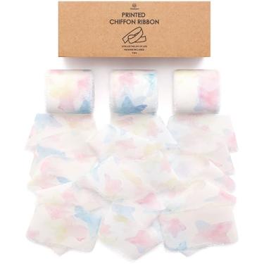 Imagem de Vitalizart Fita de seda de chiffon 3,8 cm x 55,8 m, padrão de folha floral, para artesanato, buquê, casamento, papel de embrulho, escritório, decoração de casa, chá de bebê, franja desgastada