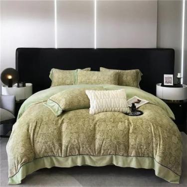 Imagem de Conjunto de cama Queen Style, roupa de cama macia, capa de edredom de inverno, lençóis duplos, edredom com borda larga, verde claro, tamanho Queen, 4 peças