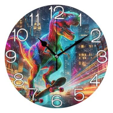 Imagem de GAIGEO Relógio de parede analógico decorativo relógio de cozinha bonito estético silencioso sem tique-taque, decoração de parede vintage, sala de estar, dinossauro colorido na moda, 25 cm, ponteiros