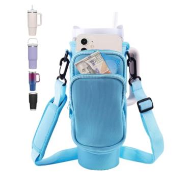 Imagem de Suporte para garrafa de água de neoprene com bolso para telefone e mosquetão - alça ajustável para copos Stanley de 30/1,134 g, acessórios para copo com zíper triplo, azul