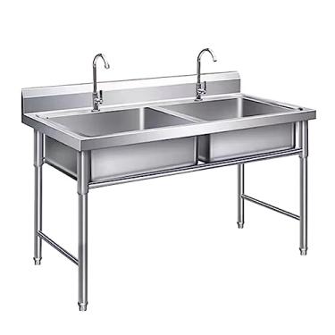 Imagem de Pia de tigela dupla grande, pia comercial de aço inoxidável com 2 compartimentos, pia industrial de cozinha, com 2 torneiras, para restaurante, lavanderia, garagem (120 x 70 x 80 cm)