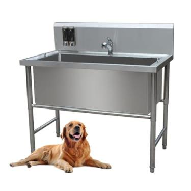 Imagem de Estação de banho para cães de estimação de 119 cm com escadas, banheira profissional de aço inoxidável para cuidados com caixa de sabonete, torneira, acessório rico, animal de estimação pequeno, pia