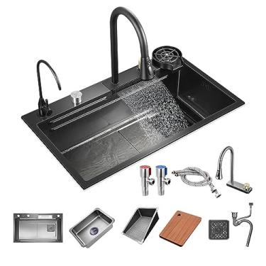 Imagem de Pia de cozinha preta de aço inoxidável 304, pia de cachoeira, tigela única, pia de cozinha com torneira de puxar e lavatório pressurizado de vidro (75 cm/29,5 pol, pacote A)