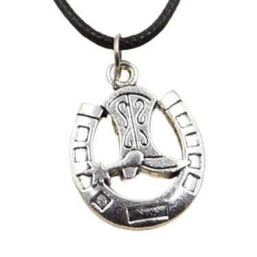 Imagem de EDCRFV Colar de sapato de ferradura com pingente de prata tibetana cordão de couro preto feito à mão