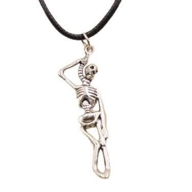 Imagem de EDCRFV Pingente de Prata Tibetano Esqueleto Homem Colar Charm Cordão de Couro Preto Feito à Mão