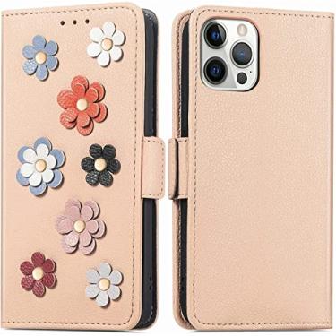 Imagem de VEVEL Capa carteira para iPhone 13 Pro para churrasqueiras femininas, linda flor 3D premium flip capa de couro com suporte de cartão capa protetora magnética à prova de choque (cor: bege)